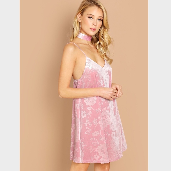 Pink Velvet Choker Ties Floral Cami Mini Dress - Picture 3 of 7